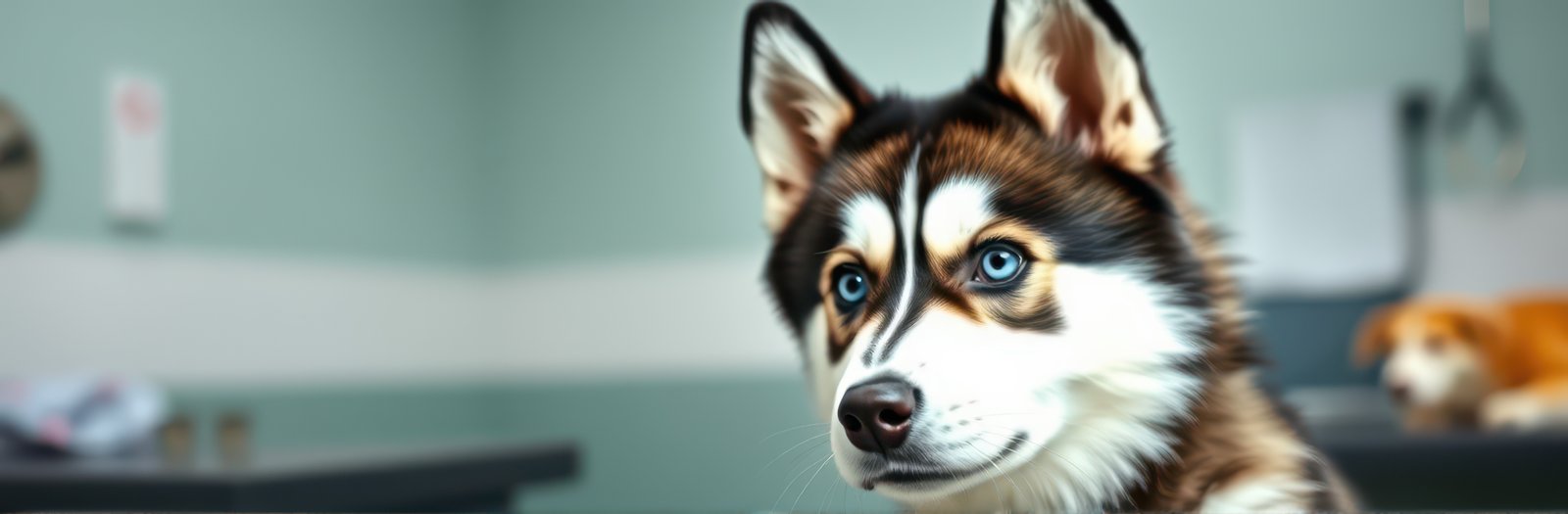 Husky puppy with striking blue eyes sits calmly in a veterinary clinic during a routine check-up session
